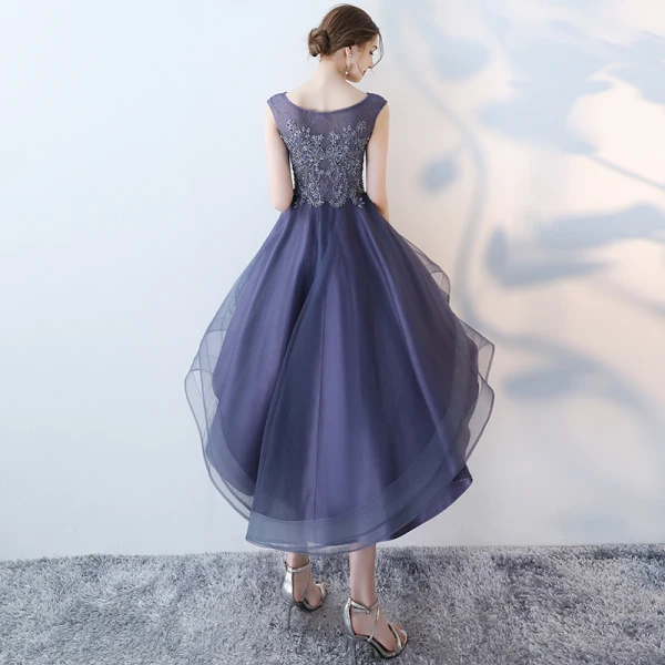 Modern / Fashion Purple Cocktail Dresses 2017 A-Line / Princess Asymmetrical Zipper Up at Side Scoop Neck Sleeveless Lace Appliques Flower Glitter Beading Sequins Pierced Formal Dresses