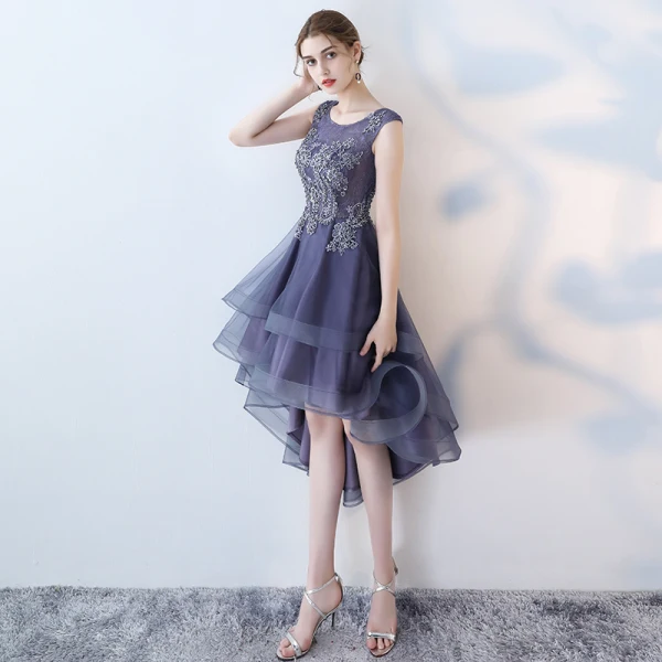 Modern / Fashion Purple Cocktail Dresses 2017 A-Line / Princess Asymmetrical Zipper Up at Side Scoop Neck Sleeveless Lace Appliques Flower Glitter Beading Sequins Pierced Formal Dresses
