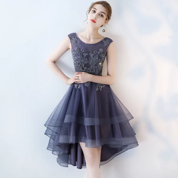 Modern / Fashion Purple Cocktail Dresses 2017 A-Line / Princess Asymmetrical Zipper Up at Side Scoop Neck Sleeveless Lace Appliques Flower Glitter Beading Sequins Pierced Formal Dresses
