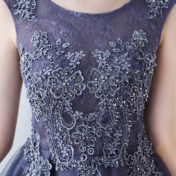 Modern / Fashion Purple Cocktail Dresses 2017 A-Line / Princess Asymmetrical Zipper Up at Side Scoop Neck Sleeveless Lace Appliques Flower Glitter Beading Sequins Pierced Formal Dresses