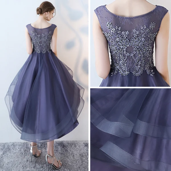 Modern / Fashion Purple Cocktail Dresses 2017 A-Line / Princess Asymmetrical Zipper Up at Side Scoop Neck Sleeveless Lace Appliques Flower Glitter Beading Sequins Pierced Formal Dresses