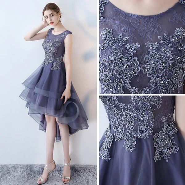 Modern / Fashion Purple Cocktail Dresses 2017 A-Line / Princess Asymmetrical Zipper Up at Side Scoop Neck Sleeveless Lace Appliques Flower Glitter Beading Sequins Pierced Formal Dresses
