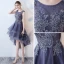 Modern / Fashion Purple Cocktail Dresses 2017 A-Line / Princess Asymmetrical Zipper Up at Side Scoop Neck Sleeveless Lace Appliques Flower Glitter Beading Sequins Pierced Formal Dresses