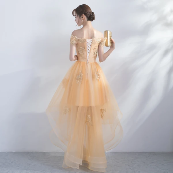 Modern / Fashion Gold Cocktail Dresses 2017 A-Line / Princess Asymmetrical Tassel Off-The-Shoulder Short Sleeve Backless Appliques Flower Rhinestone Formal Dresses