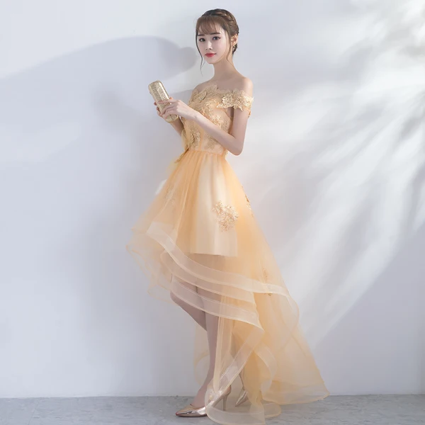 Modern / Fashion Gold Cocktail Dresses 2017 A-Line / Princess Asymmetrical Tassel Off-The-Shoulder Short Sleeve Backless Appliques Flower Rhinestone Formal Dresses