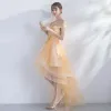Mode Gold Cocktailkleider 2017 A Linie Asymmetrisch Quaste Off Shoulder Kurze Ärmel Rückenfreies Applikationen Blumen Strass Festliche Kleider