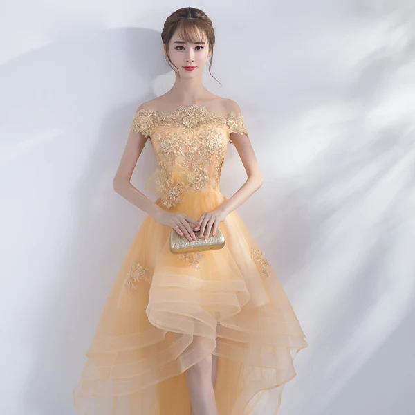Modern / Fashion Gold Cocktail Dresses 2017 A-Line / Princess Asymmetrical Tassel Off-The-Shoulder Short Sleeve Backless Appliques Flower Rhinestone Formal Dresses