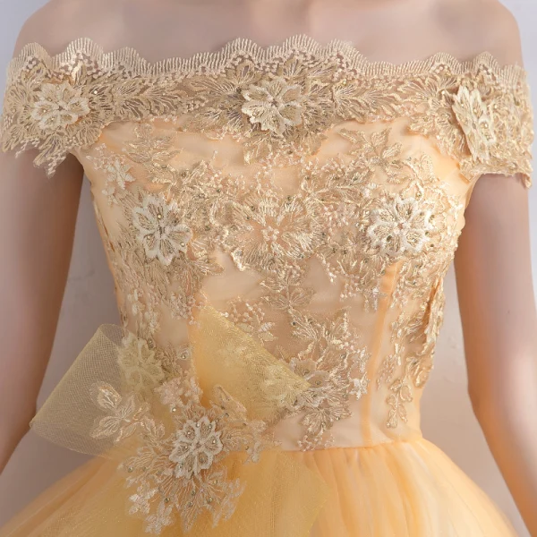 Modern / Fashion Gold Cocktail Dresses 2017 A-Line / Princess Asymmetrical Tassel Off-The-Shoulder Short Sleeve Backless Appliques Flower Rhinestone Formal Dresses