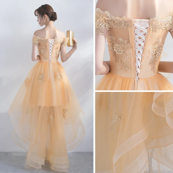 Modern / Fashion Gold Cocktail Dresses 2017 A-Line / Princess Asymmetrical Tassel Off-The-Shoulder Short Sleeve Backless Appliques Flower Rhinestone Formal Dresses