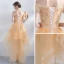 Modern / Fashion Gold Cocktail Dresses 2017 A-Line / Princess Asymmetrical Tassel Off-The-Shoulder Short Sleeve Backless Appliques Flower Rhinestone Formal Dresses