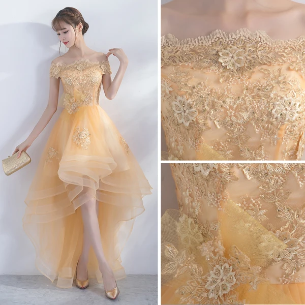 Modern / Fashion Gold Cocktail Dresses 2017 A-Line / Princess Asymmetrical Tassel Off-The-Shoulder Short Sleeve Backless Appliques Flower Rhinestone Formal Dresses