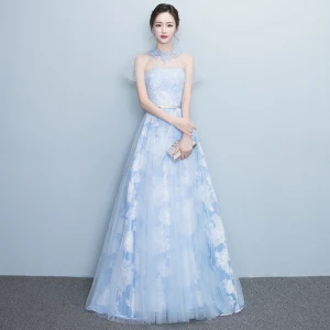 Chic Belle Bleu Ciel Robe De Soirée 2017 Princesse Train De Balayage Col Haut Manches Courtes Dos Nu Métal Ceinture Impression Robe De Ceremonie