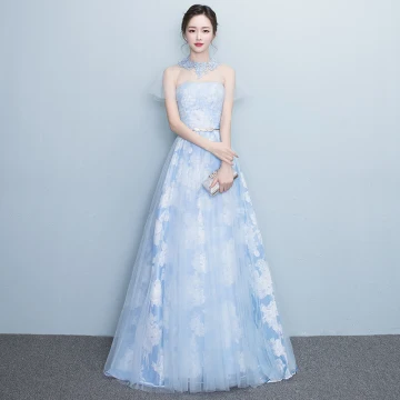 Chic Belle Bleu Ciel Robe De Soirée 2017 Princesse Train De Balayage Col Haut Manches Courtes Dos Nu Métal Ceinture Impression Robe De Ceremonie