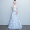 Chic / Beautiful Sky Blue Evening Dresses  2017 A-Line / Princess Sweep Train High Neck Short Sleeve Backless Metal Sash Printing Formal Dresses