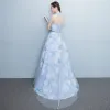 Chic / Beautiful Sky Blue Evening Dresses  2017 A-Line / Princess Sweep Train High Neck Short Sleeve Backless Metal Sash Printing Formal Dresses