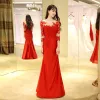 Chinese style Red Evening Dresses  2017 Trumpet / Mermaid Floor-Length / Long Scoop Neck 3/4 Sleeve Backless Lace Appliques Pierced Formal Dresses