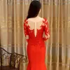 Chinese style Red Evening Dresses  2017 Trumpet / Mermaid Floor-Length / Long Scoop Neck 3/4 Sleeve Backless Lace Appliques Pierced Formal Dresses