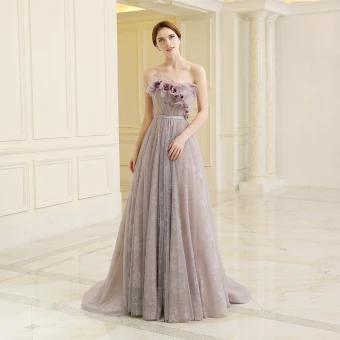 Chic Beautiful Grey Evening Dresses 2018 A Line Princess Strapless Sleeveless Artificial Flowers Sash Court Train Ruffle Backless Formal Dresses