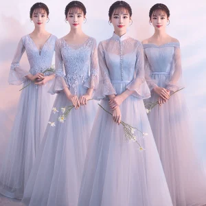 Elegant Grey See Through Bridesmaid Dresses 2018 A Line Princess Long Sleeve Appliques Lace Floor Length Long Ruffle Backless Wedding Party Dresses