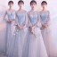 Elegant Grey See-through Bridesmaid Dresses 2018 A-Line / Princess Long Sleeve Appliques Lace Floor-Length / Long Ruffle Backless Wedding Party Dresses