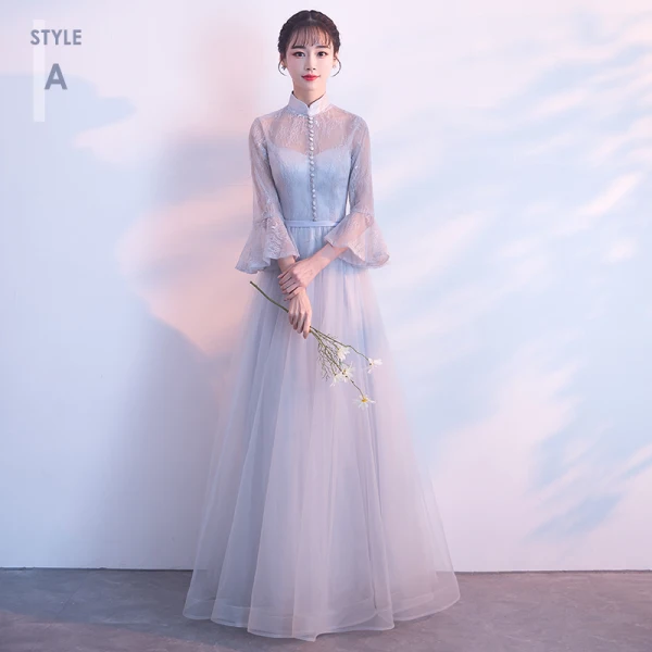 Elegant Grey See-through Bridesmaid Dresses 2018 A-Line / Princess Long Sleeve Appliques Lace Floor-Length / Long Ruffle Backless Wedding Party Dresses