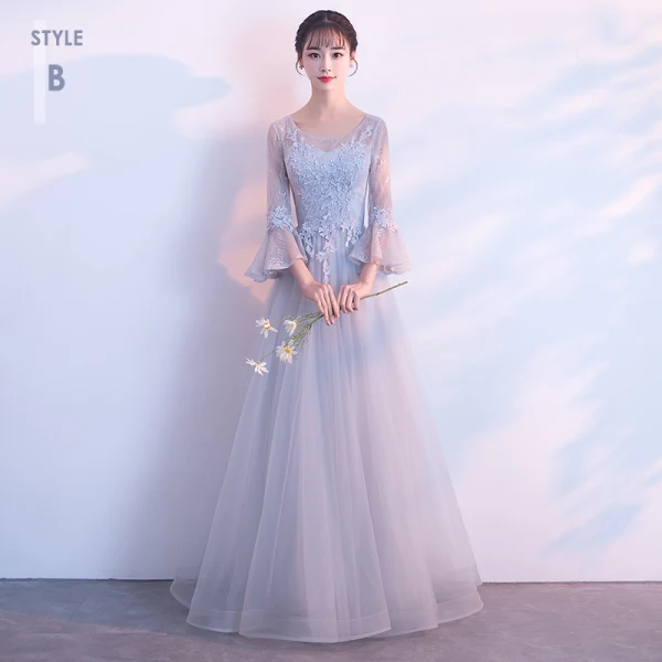 Elegant Grey See-through Bridesmaid Dresses 2018 A-Line / Princess Long Sleeve Appliques Lace Floor-Length / Long Ruffle Backless Wedding Party Dresses