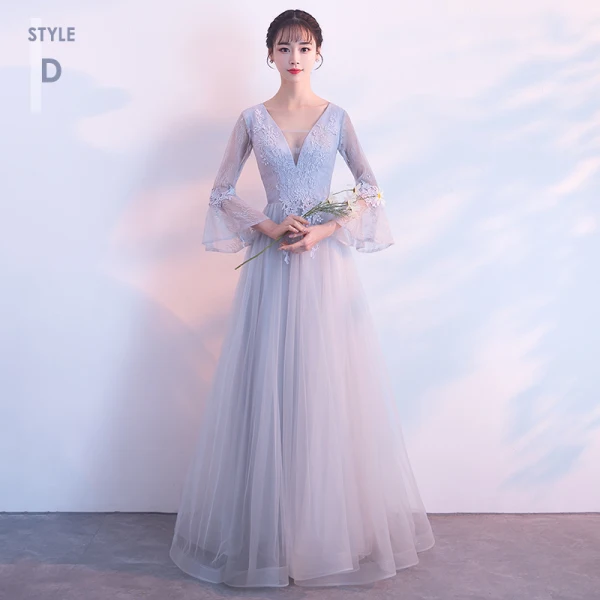 Elegant Grey See-through Bridesmaid Dresses 2018 A-Line / Princess Long Sleeve Appliques Lace Floor-Length / Long Ruffle Backless Wedding Party Dresses