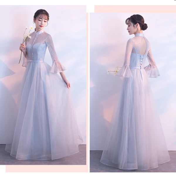 Elegant Grey See-through Bridesmaid Dresses 2018 A-Line / Princess Long Sleeve Appliques Lace Floor-Length / Long Ruffle Backless Wedding Party Dresses