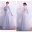Elegant Grey See-through Bridesmaid Dresses 2018 A-Line / Princess Long Sleeve Appliques Lace Floor-Length / Long Ruffle Backless Wedding Party Dresses