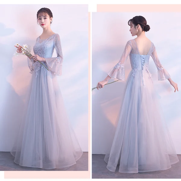 Elegant Grey See-through Bridesmaid Dresses 2018 A-Line / Princess Long Sleeve Appliques Lace Floor-Length / Long Ruffle Backless Wedding Party Dresses