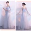 Elegant Grey See-through Bridesmaid Dresses 2018 A-Line / Princess Long Sleeve Appliques Lace Floor-Length / Long Ruffle Backless Wedding Party Dresses