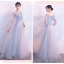 Elegant Grey See-through Bridesmaid Dresses 2018 A-Line / Princess Long Sleeve Appliques Lace Floor-Length / Long Ruffle Backless Wedding Party Dresses