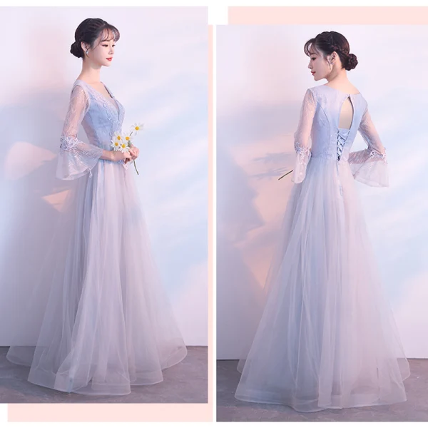 Elegant Grey See-through Bridesmaid Dresses 2018 A-Line / Princess Long Sleeve Appliques Lace Floor-Length / Long Ruffle Backless Wedding Party Dresses