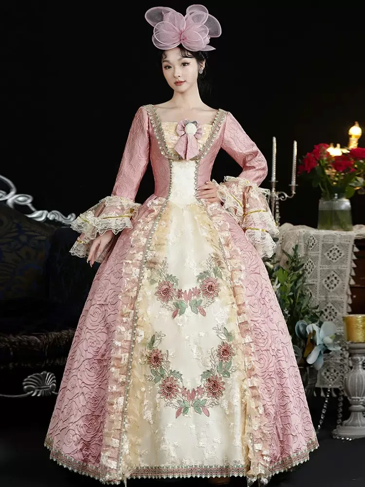 Vintage Retro Medieval Candy Pink Prom Dresses 2024 3d Lace Printing Floral  Floor Length Long U Neck Long Sleeve A Line Princess Ball Gown Cosplay Prom  Formal Dresses