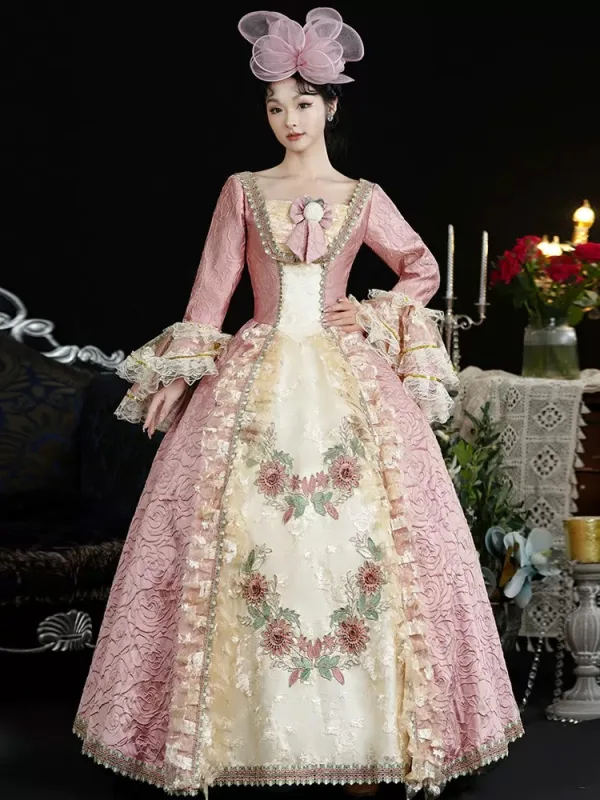 Vintage / Retro Medieval Candy Pink Prom Dresses 2024 3D Lace Printing Floral Floor-Length / Long U-Neck Long Sleeve A-Line / Princess Ball Gown Cosplay Prom Formal Dresses