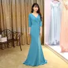 Elegant Pool Blue Evening Dresses  2017 Trumpet / Mermaid Sweep Train V-Neck 3/4 Sleeve Backless Beading Sequins Sash Formal Dresses