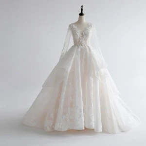 Luxury Gorgeous White Wedding Dresses 2017 Royal Train Ball Gown V Neck Long Sleeve Backless Heart Shaped Lace Appliques Flower Rhinestone Glitter Pierced
