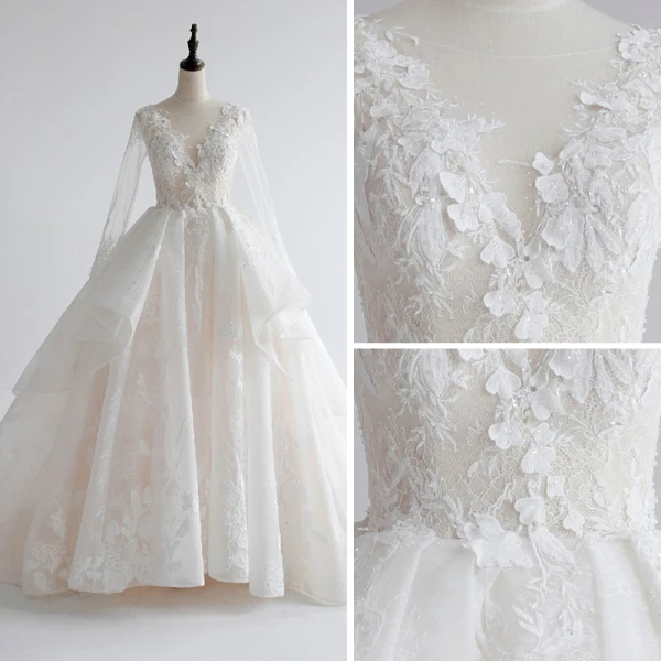 Luxury / Gorgeous White Wedding Dresses 2017 Royal Train Ball Gown V-Neck Long Sleeve Backless Heart-shaped Lace Appliques Flower Rhinestone Glitter Pierced