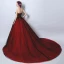 Affordable Burgundy Prom Dresses 2017 Chapel Train Ball Gown Strapless Sleeveless Backless Lace Appliques Beading Formal Dresses