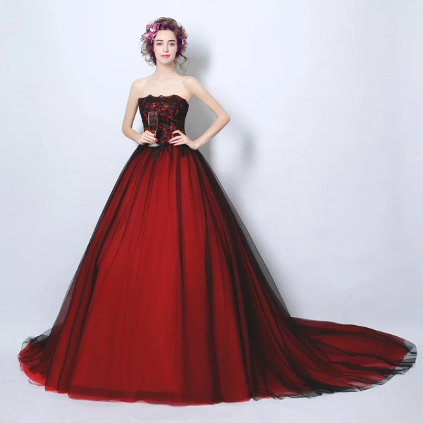 Affordable Burgundy Prom Dresses 2017 Chapel Train Ball Gown Strapless Sleeveless Backless Lace Appliques Beading Formal Dresses