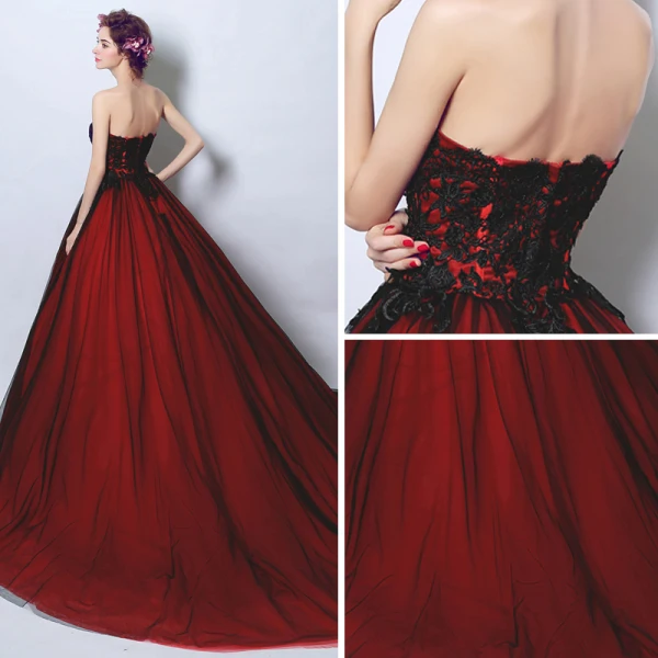 Affordable Burgundy Prom Dresses 2017 Chapel Train Ball Gown Strapless Sleeveless Backless Lace Appliques Beading Formal Dresses
