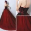 Affordable Burgundy Prom Dresses 2017 Chapel Train Ball Gown Strapless Sleeveless Backless Lace Appliques Beading Formal Dresses