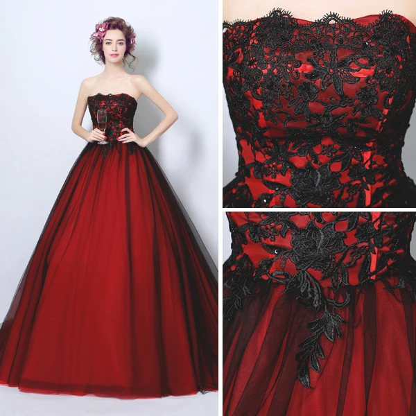 Affordable Burgundy Prom Dresses 2017 Chapel Train Ball Gown Strapless Sleeveless Backless Lace Appliques Beading Formal Dresses