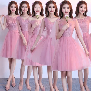 Chic Beautiful Candy Pink Bridesmaid Dresses 2018 A Line Princess Appliques Lace Knee Length Ruffle Backless Wedding Party Dresses