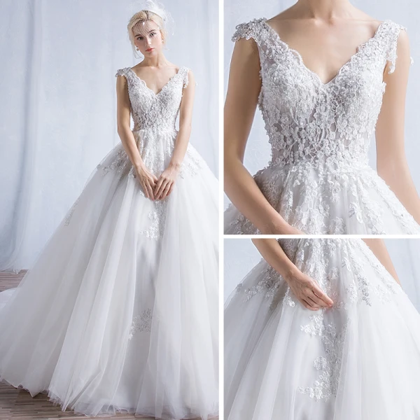 Classic Chic / Beautiful Church Hall Wedding Dresses 2017 Lace Appliques V-Neck Sleeveless Backless Cathedral Train White Ball Gown
