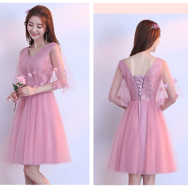 Chic / Beautiful Candy Pink Bridesmaid Dresses 2018 A-Line / Princess Appliques Lace Knee-Length Ruffle Backless Wedding Party Dresses