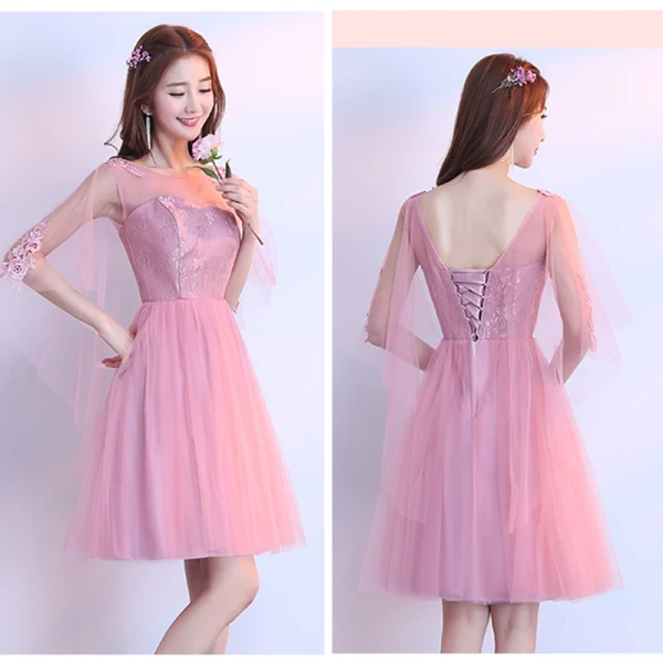 Chic / Beautiful Candy Pink Bridesmaid Dresses 2018 A-Line / Princess Appliques Lace Knee-Length Ruffle Backless Wedding Party Dresses