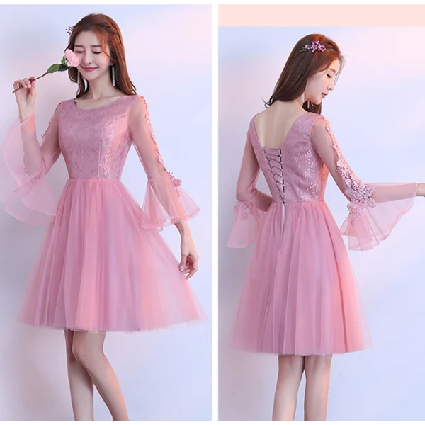Chic / Beautiful Candy Pink Bridesmaid Dresses 2018 A-Line / Princess Appliques Lace Knee-Length Ruffle Backless Wedding Party Dresses