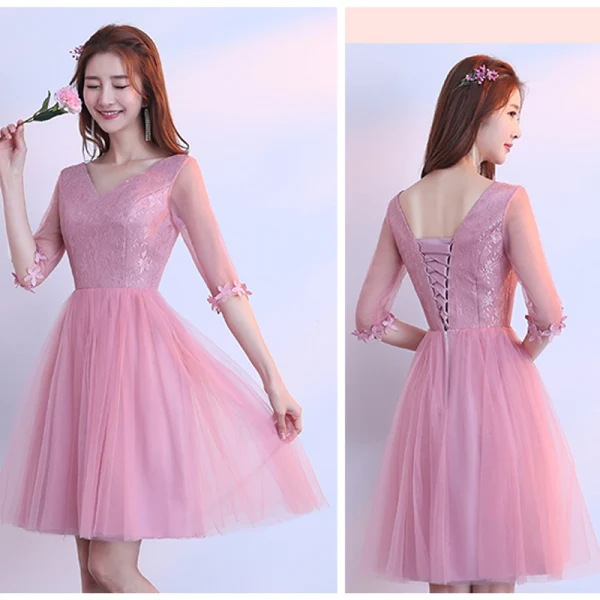 Chic / Beautiful Candy Pink Bridesmaid Dresses 2018 A-Line / Princess Appliques Lace Knee-Length Ruffle Backless Wedding Party Dresses