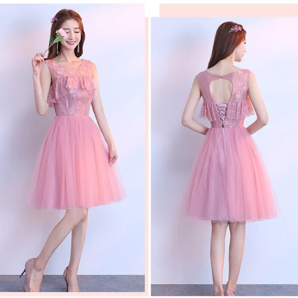 Chic / Beautiful Candy Pink Bridesmaid Dresses 2018 A-Line / Princess Appliques Lace Knee-Length Ruffle Backless Wedding Party Dresses